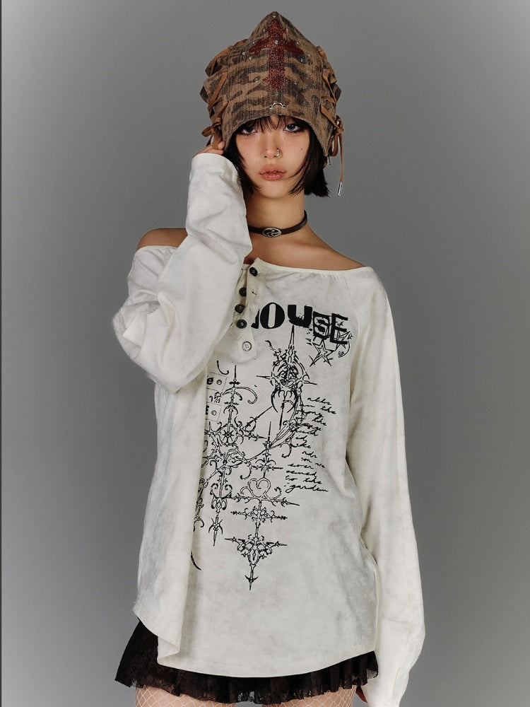 Apricot Off-the-shoulder Graphic Neckline Cotton Top Distressed
