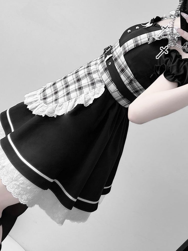 Shoulder Piece Lolita Maid One Set Cutout + Plaid Black Apron
