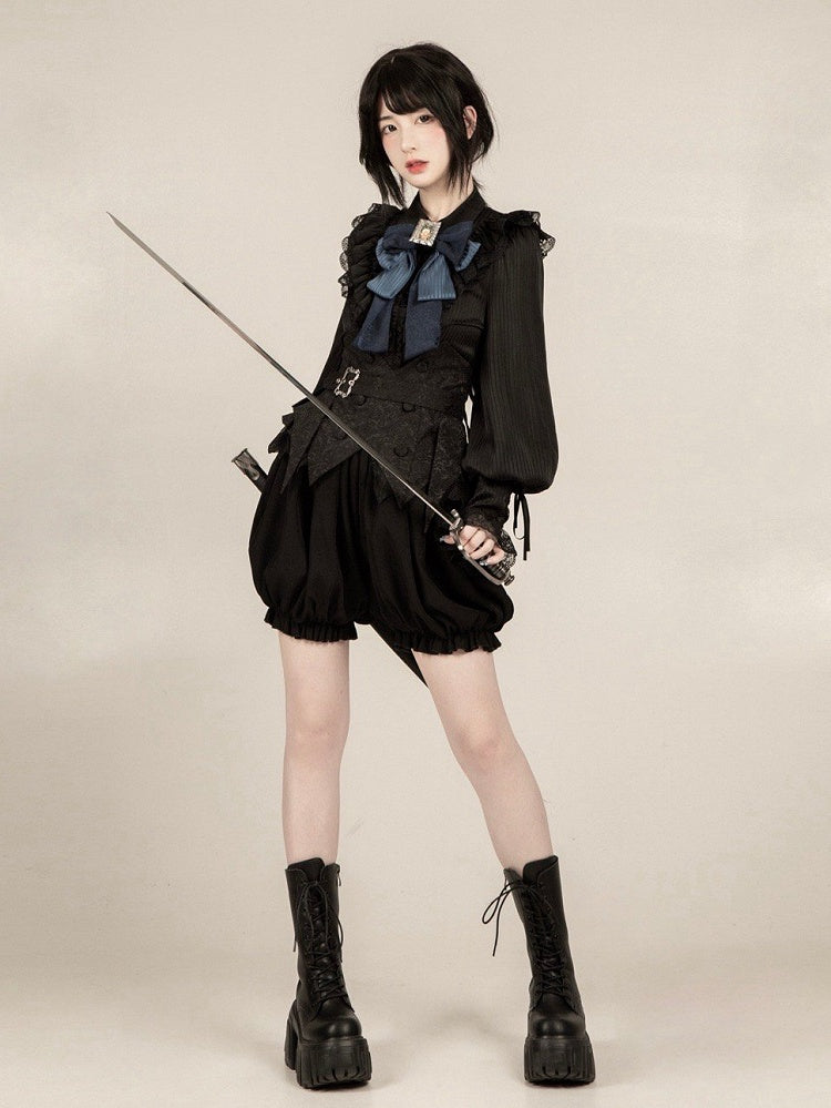 Straps with Blue - Black Bloomer Ouji Bowtie Boned Set Belt Corset Shorts Lolita + Gothic