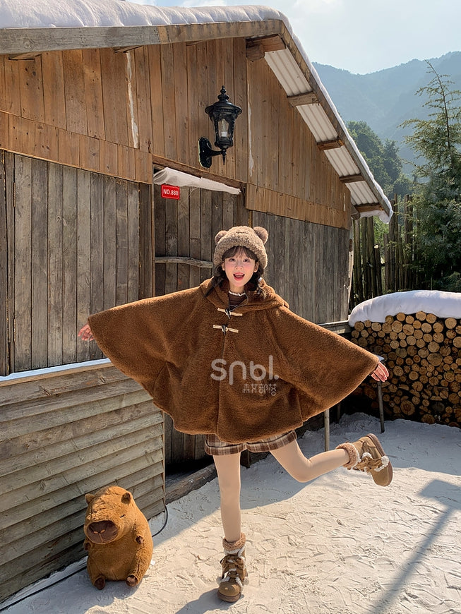 Brown Cute Capybara Hood Zip Closure Fleece Hooded Cape