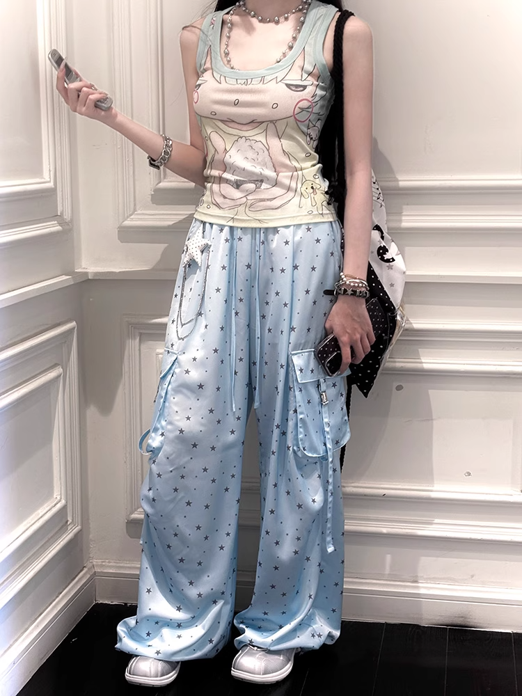 Blaue Cargohose mit weitem Bein und Allover-Taille und Kordelzug im Sternenmuster