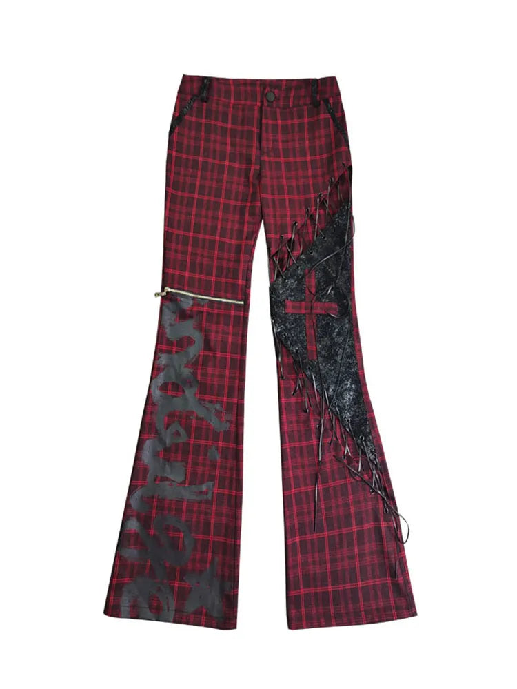 Rock Detail and Black Lace-up Red Pants Plaid Cutout Punk