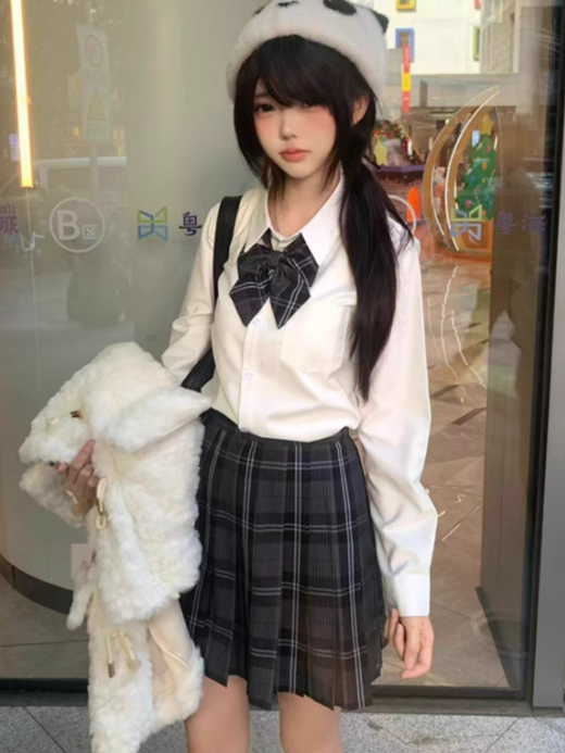 Schwarzer karierter Rock 55CM Muster Uniform JK Plissee