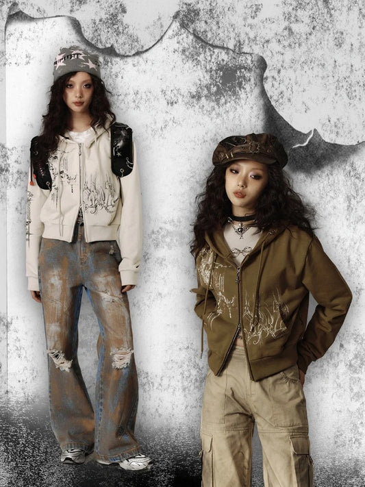 Two-way Placket and Drawstring Hood Light Zip Hooded Jacket with Green / Gray