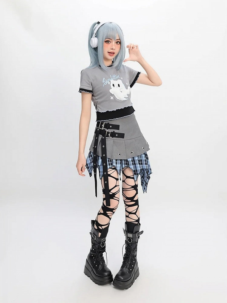 Two-pieces Y2K Faux Ghost Embroidery Lettuce Hem T-Shirt Gray Plush