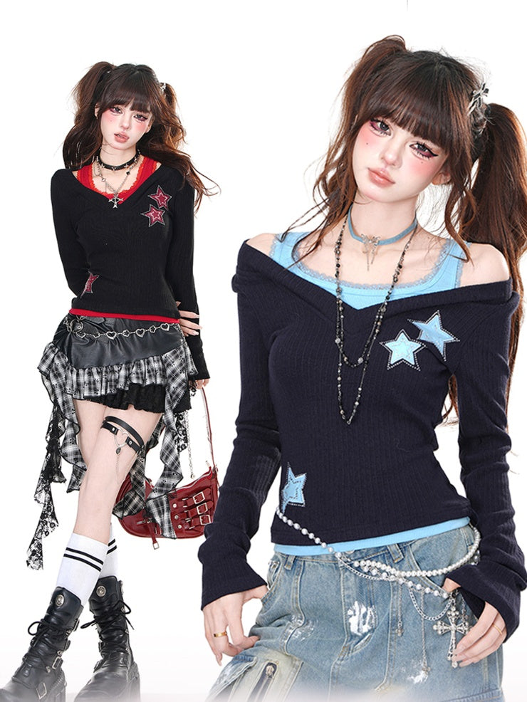 Schwarz Blau/Schwarz Rot Strass Stern Glamouröse Top