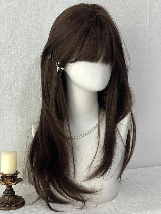 Brown Under Bust Length Straight Synthetic Wig With Bangs