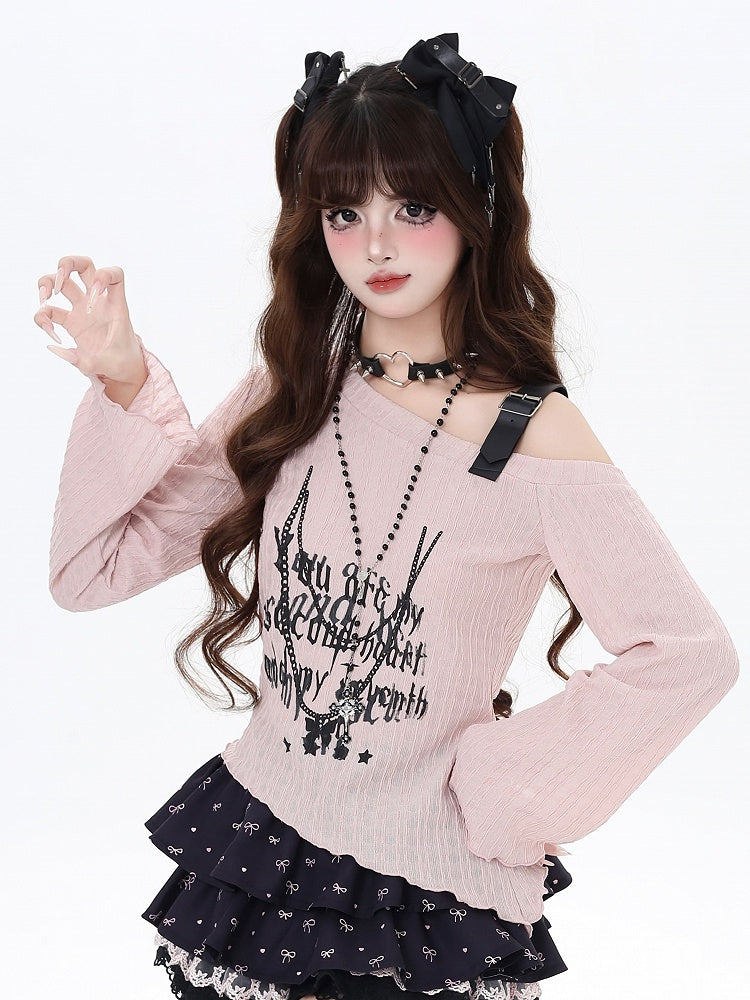 Top Pink/Black Strap Graphic Asymmetrical Neckline PU Buckle