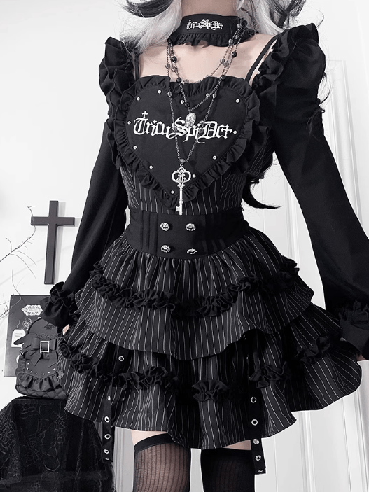Pattern Off-the-shoulder Letter Neckline Print Bell Black Sleeves Striped Gothic Dress