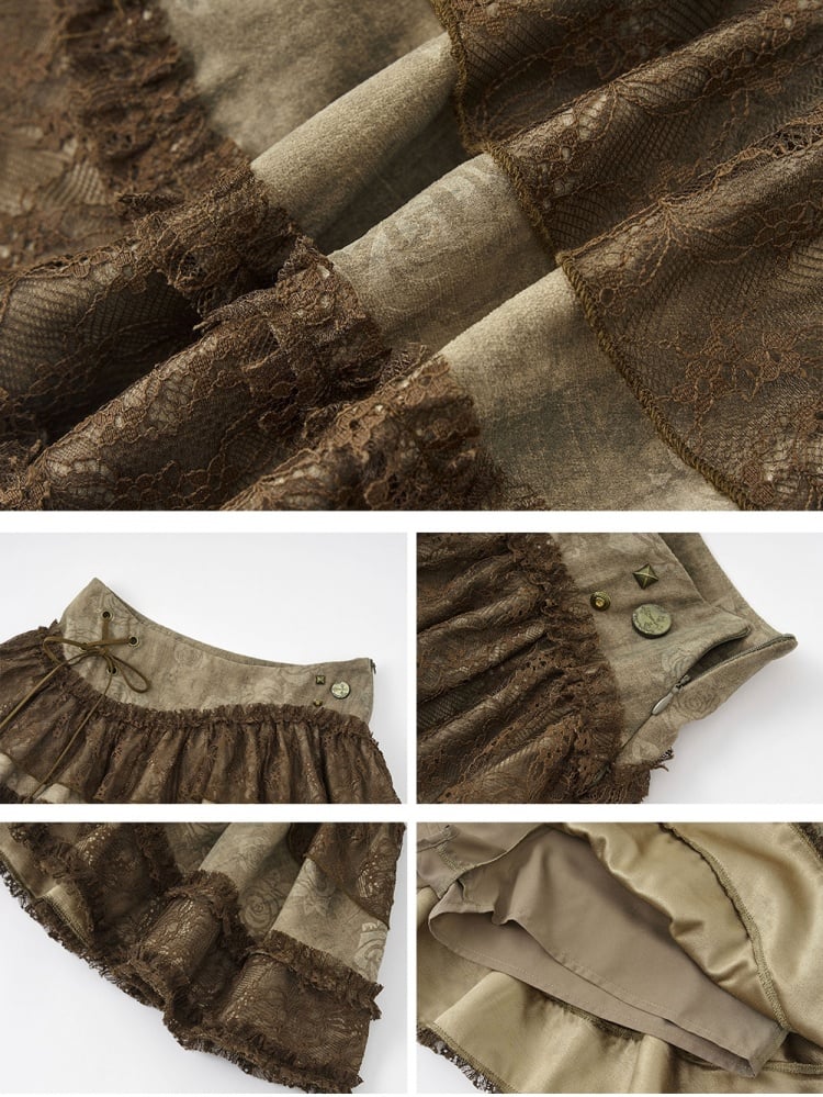 Kaffeefarbener Vintage-Minirock mit niedriger Taille und asymmetrischer Spitze