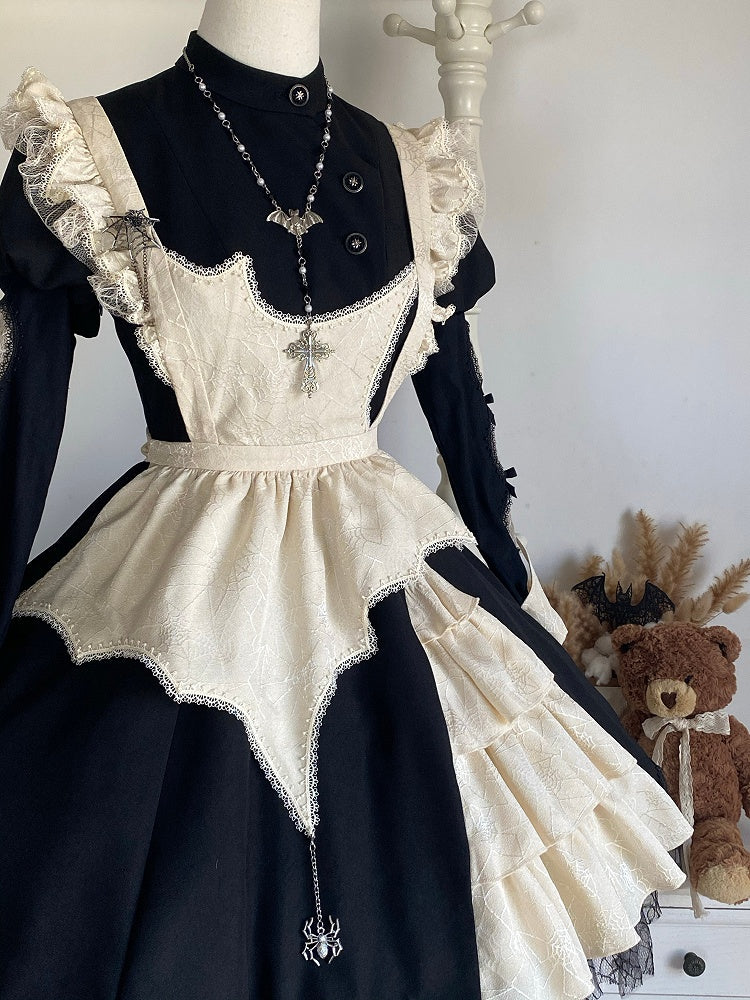 Schwarzes Lolita-Kleid mit geschwungenem Spinnennetz-Saum und beiger Schürze