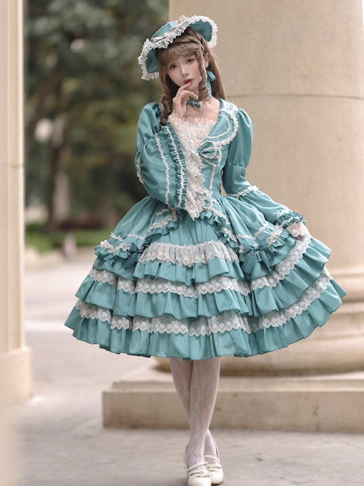 Türkisgrünes Lolita-Kleid mit Stufenrock und langen Ärmeln