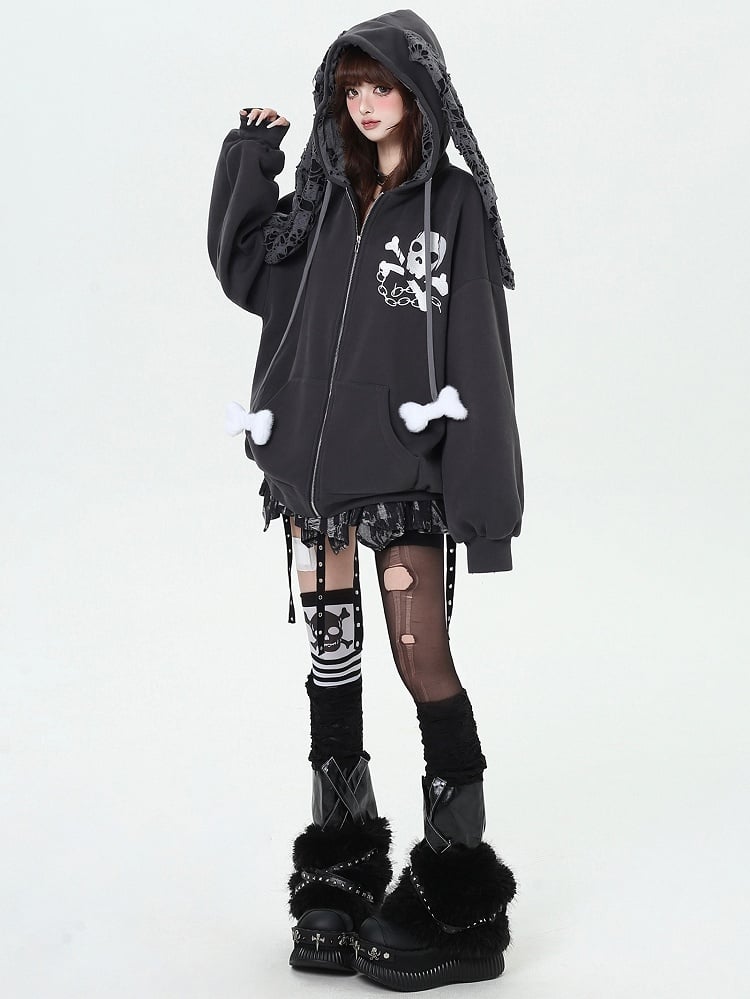 Y2K Skelett Print Hasenohren Kapuze Punk Zip Hoodie