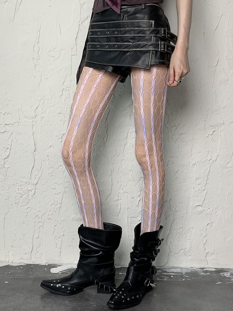 Yellow/Pink Tie-Dye Blue Gray Design Tights Y2K Cut-out Fishnet