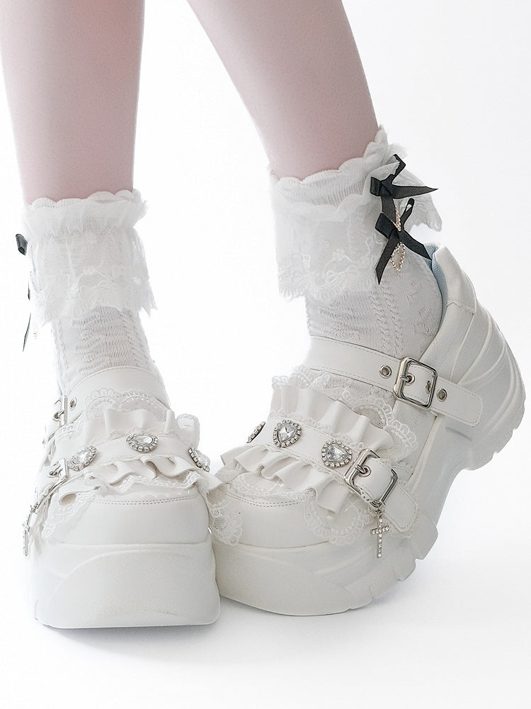 Platforms Heart Cross Rhinestone White Ruffles Charm Details Trim Bittersweet