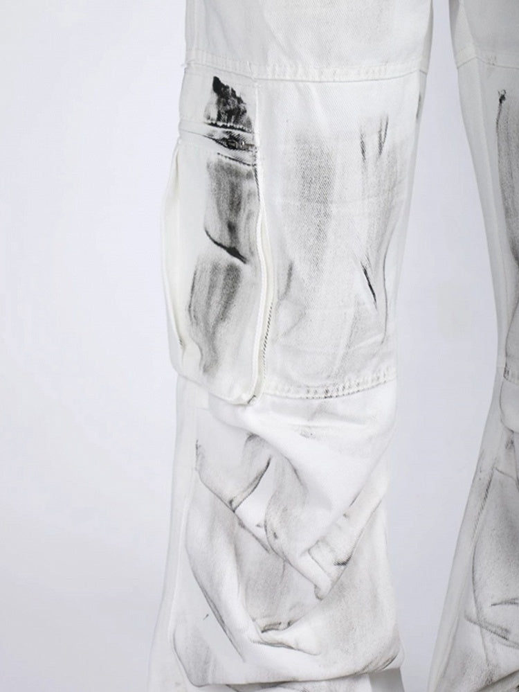 Vintage White Splatter Tie-Dye Loose Fit Cargo Jeans with Drawstring Waist