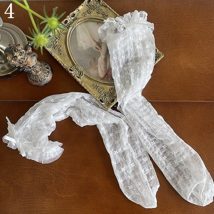 Semi-sheer White Socks/Lace Loop Stockings/Floral Bowknot Lace Leg Trims Tights/Beaded Stockings/Tulle Underknee Pattern