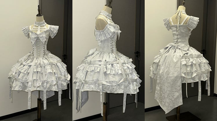 with Lace-ups Ovarlay Gothic Corset Dress Design Detachable and Skirt Silver Bow Lolita Big Birdcage Waist