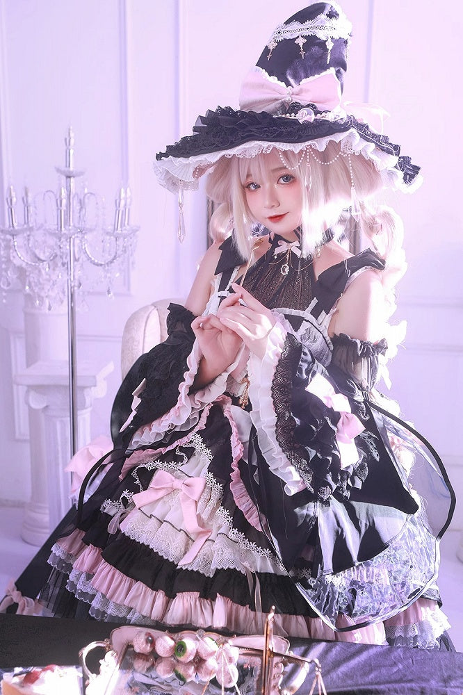 Black and Pink High Waist Sweet Witchy Dress Lolita Jumper Skirt Full Set