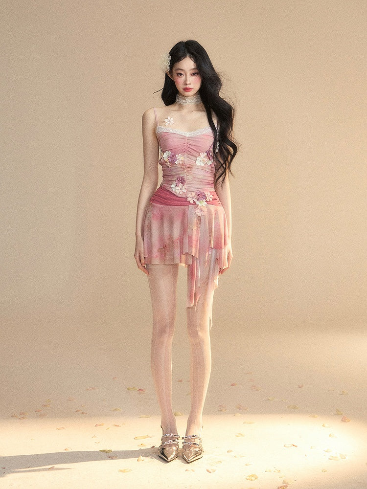 Top/Shorts mit asymmetrischem Saum und Kirschblüten-Print