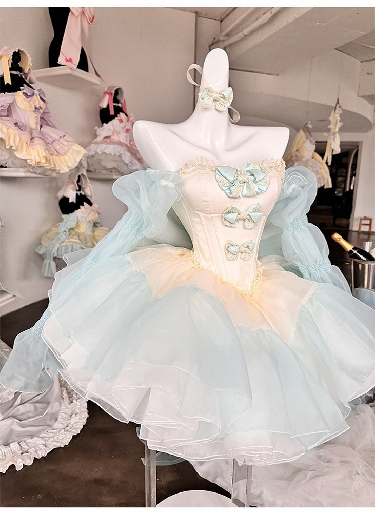 Green Bowknots Decoration Bodice Corset Top with and Puffy Skirt Yellow Set Balletcore