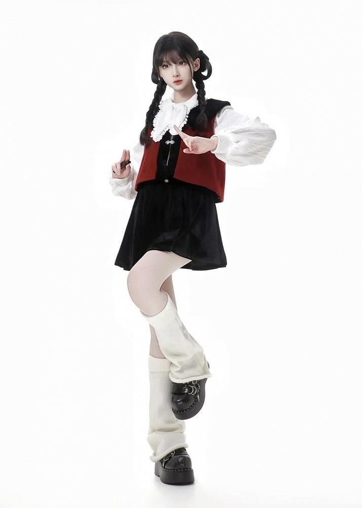 Black and Red Plush Collar Bowknot Vest