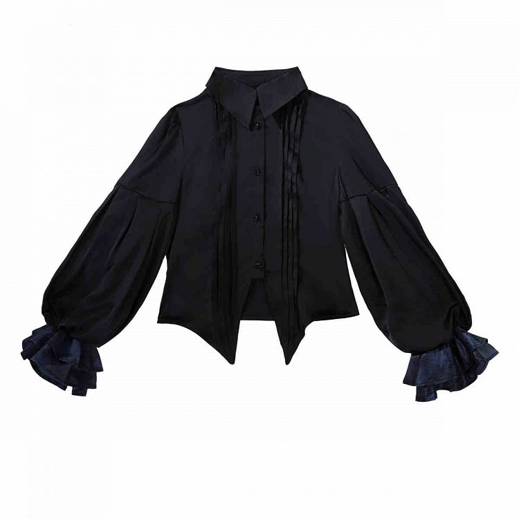 Long Shirt - Black Ouji Blue + Sleeves Tie Waistcoat Jabot Full and Prince Shorts Lolita Set
