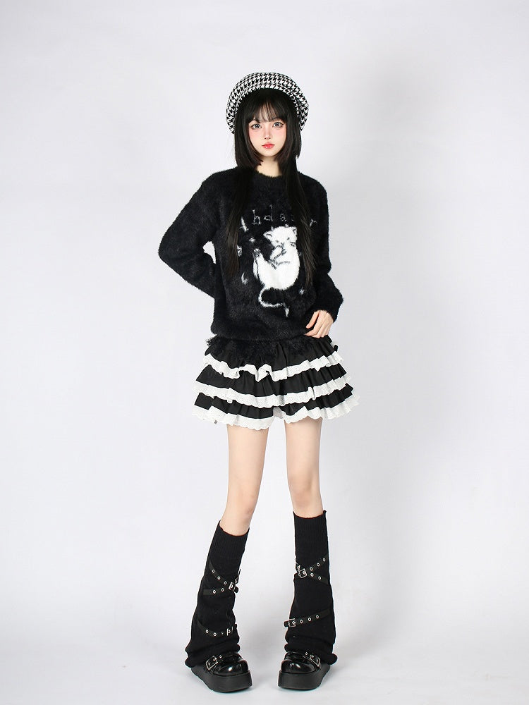 Cozy Kitten Furry Sweater - Perfect for Fall and Winter Black/White