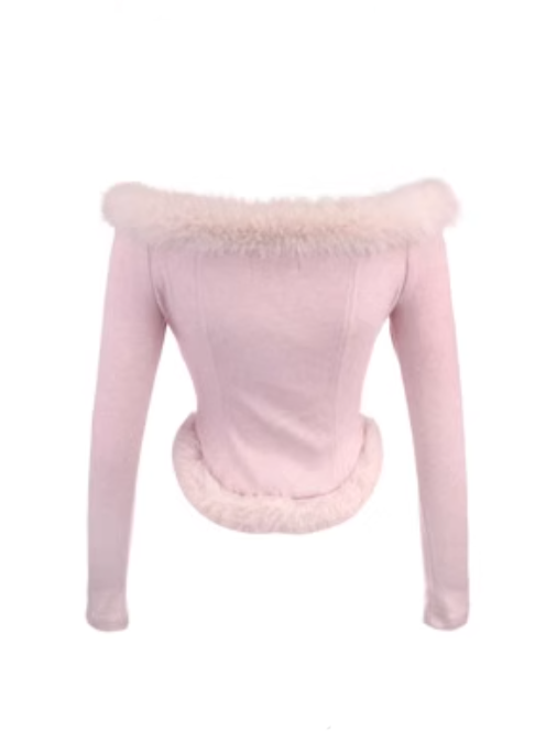 Off-Shoulder Knit Top With Faux Fur Charming Bow Accent Pink