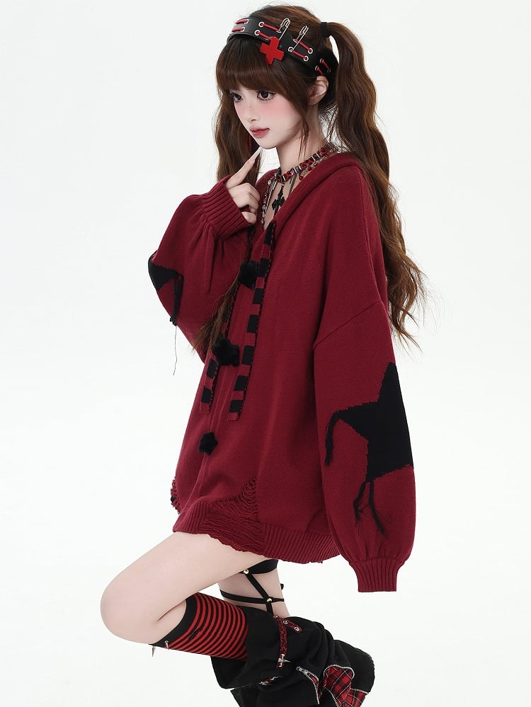Y2K Schwarz gestreifte Strickjacke mit Hasenohren und Kapuze und V-Ausschnitt