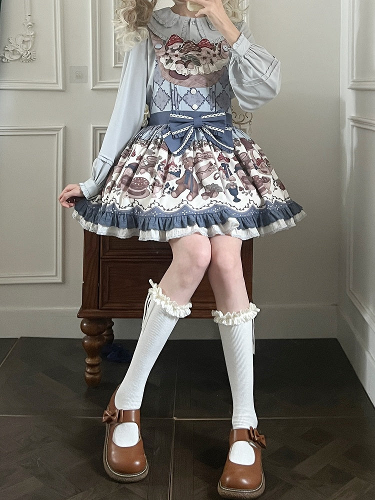 Print Embroidery Overall Sweet Blue Teddy Dress Mushroom Lolita Neckline