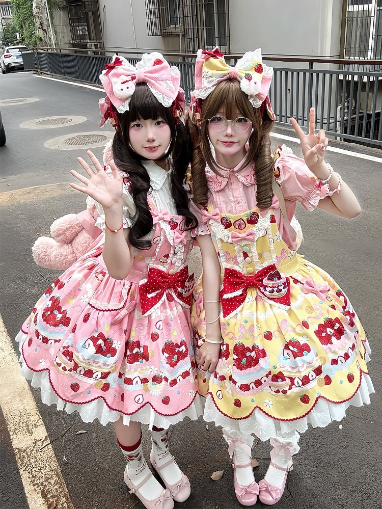 オーバーオールプリントとストロベリードレスイエローデザートロリータスイート