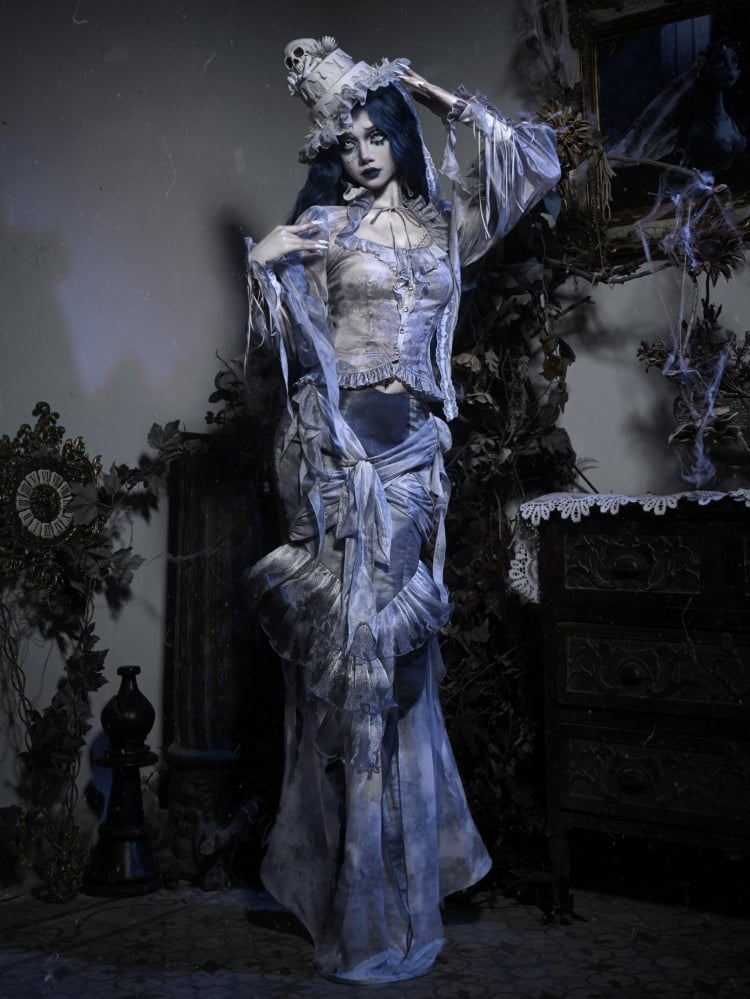 Jupe sirène gothique Corpse Bride bleu poussiéreux à volants et genoux