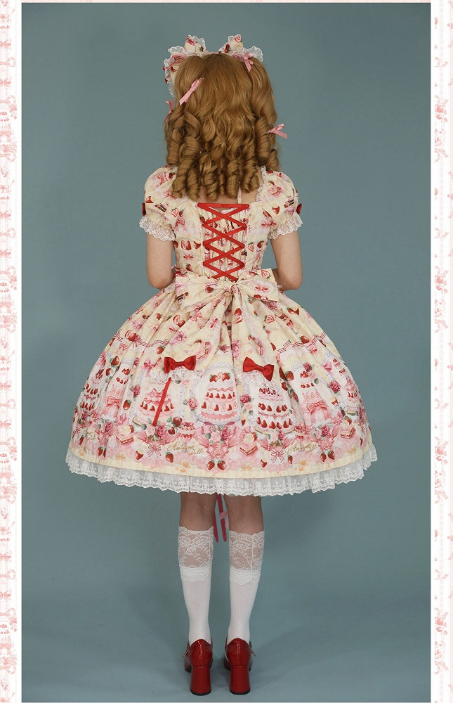 Dress Cake Strawberry / Bow Full Sweet Print Accents Yellow Set Lolita