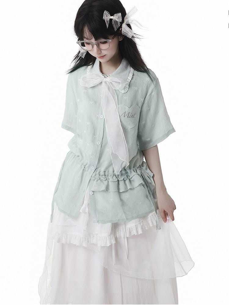 Bowknot Embroidery Short Sleeves Shirt Light Green Drawstring Waist Allover