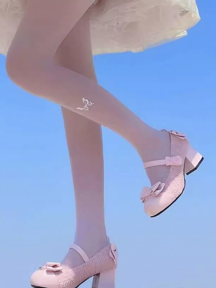 Rosa Lolita Mary Janes mit Schleife und runder Spitze, 3,5 cm Blockabsatz