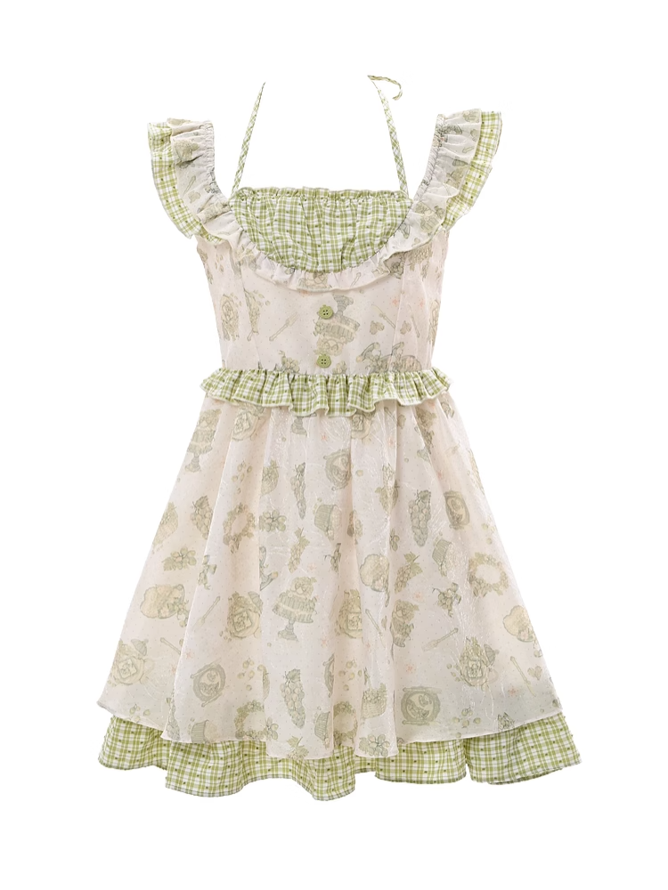 Kei Green Plaid Flutter Sleeves Halter Dress Light Cartoon Print Mori