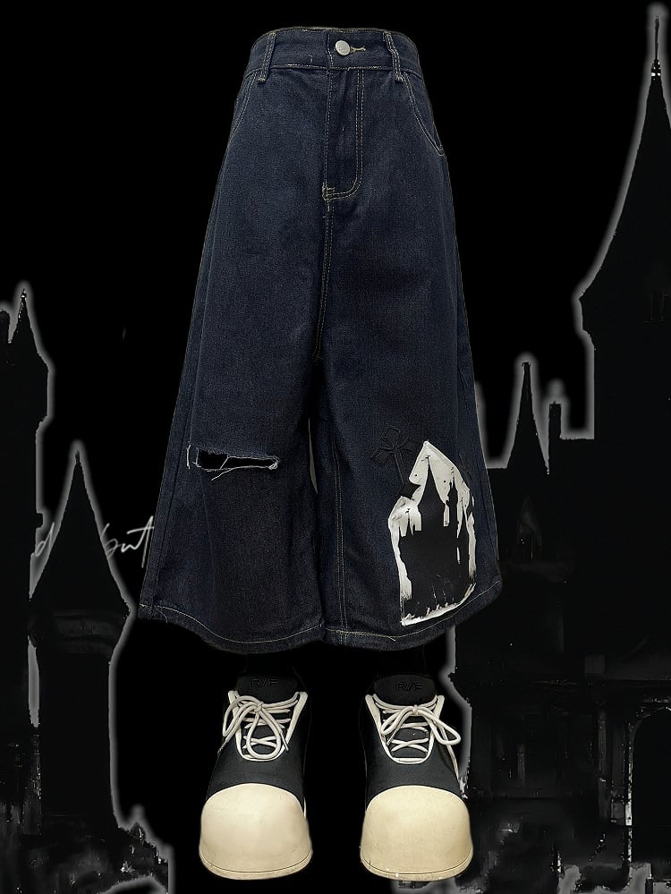 Shorts mit Kreuzapplikation, dunkelblau, Distressed-Löcher, weites Bein, Cargo, Y2K