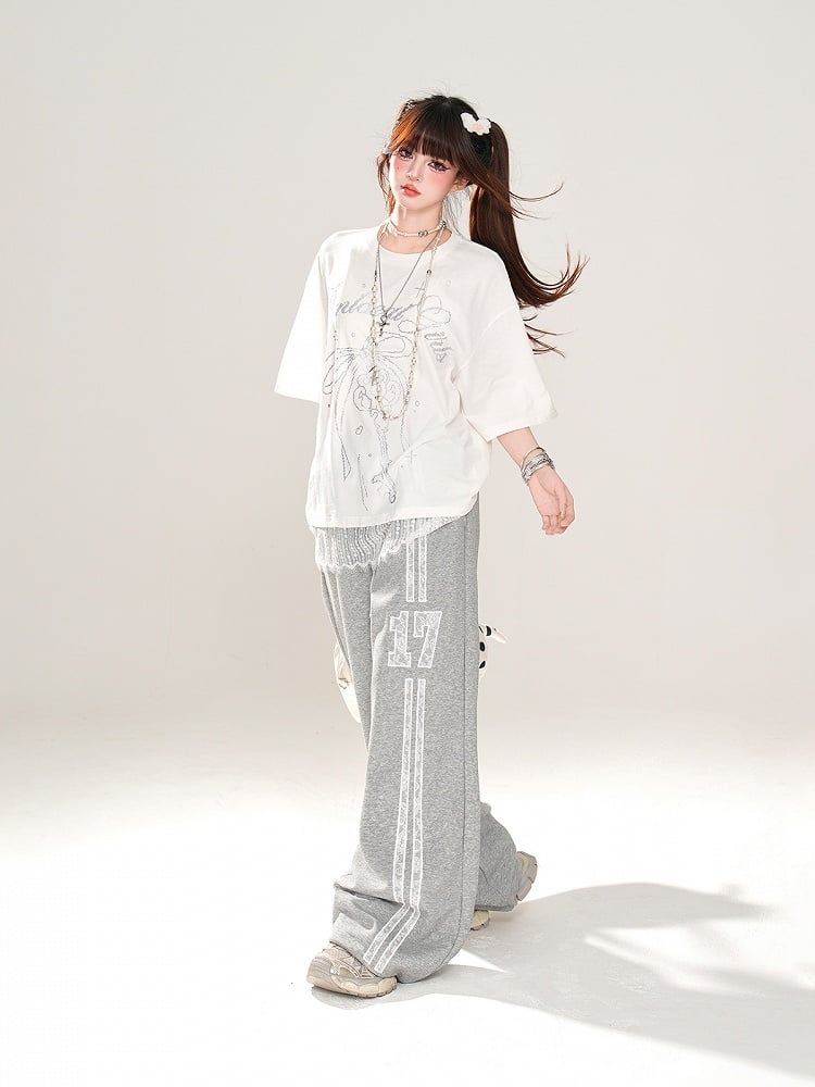 T-Shirt Loose Blue/White Key and Bowknot Print Lace Trim