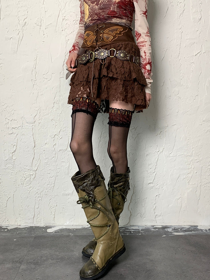 Black Peacock Trim Stockings Y2K Feather Pattern Overknee Lace