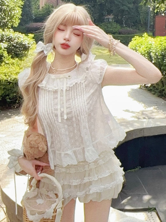 Bluse mit besticktem Besatz, weiße Dollcore-Blumenschleife mit Rüschen