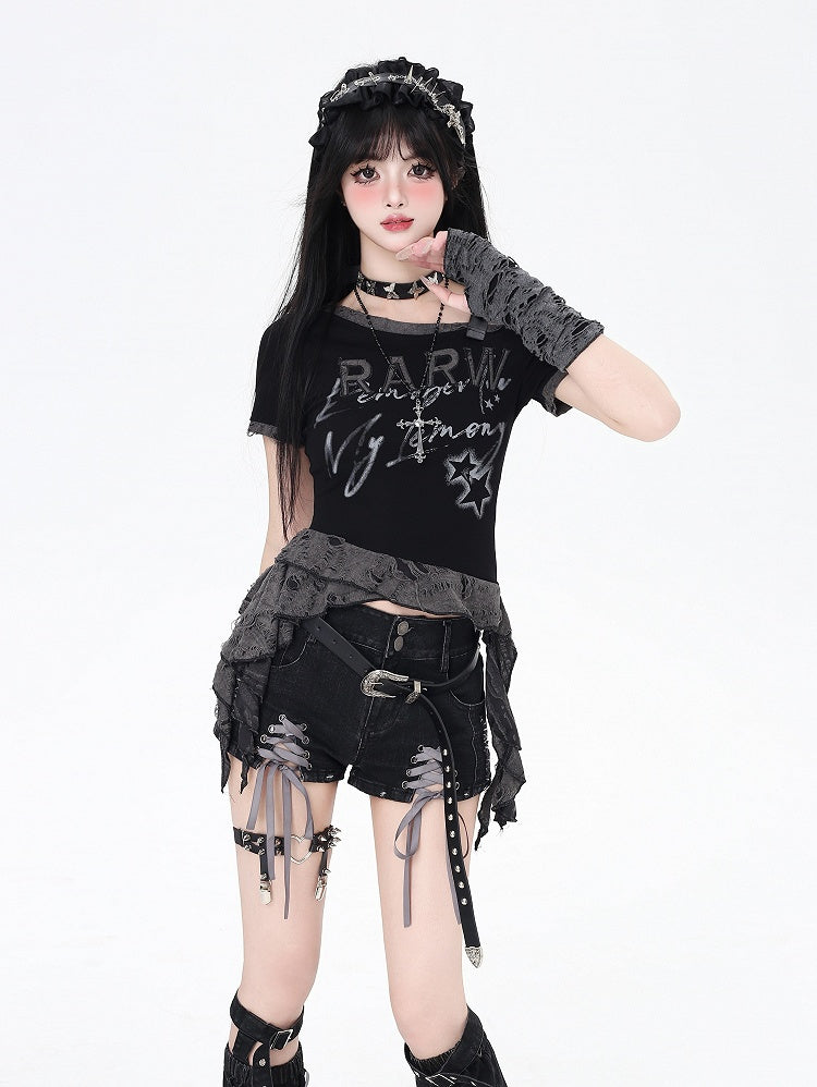 with Leg Hem Denim Shorts Lace-up Details Black Butterfly and Warmers Gray Applique