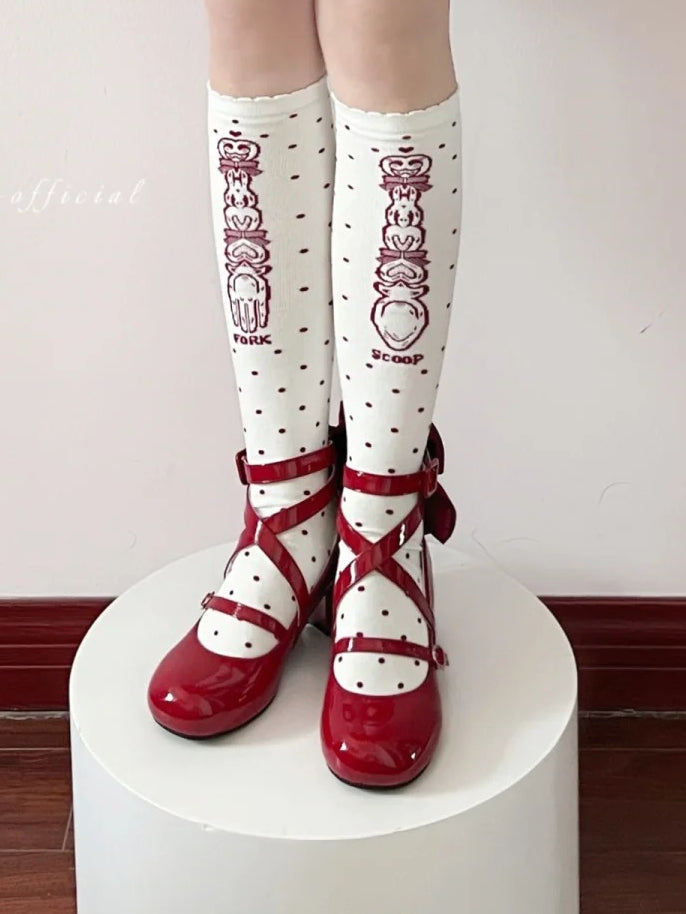 Accent Bow Crisscross Heels Mid Red Design Sweet Toe Round - Lolita