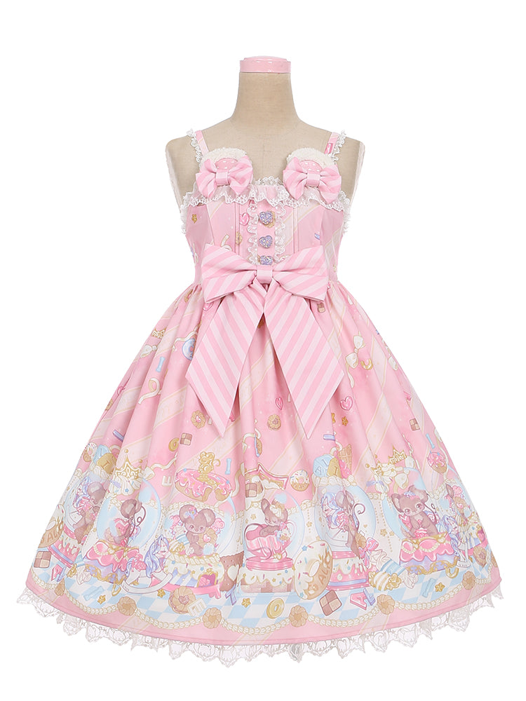 Ears Bow Pink Big Neckline JSK Sweet Lolita Dress Adorable Mouse Print Mouse Design