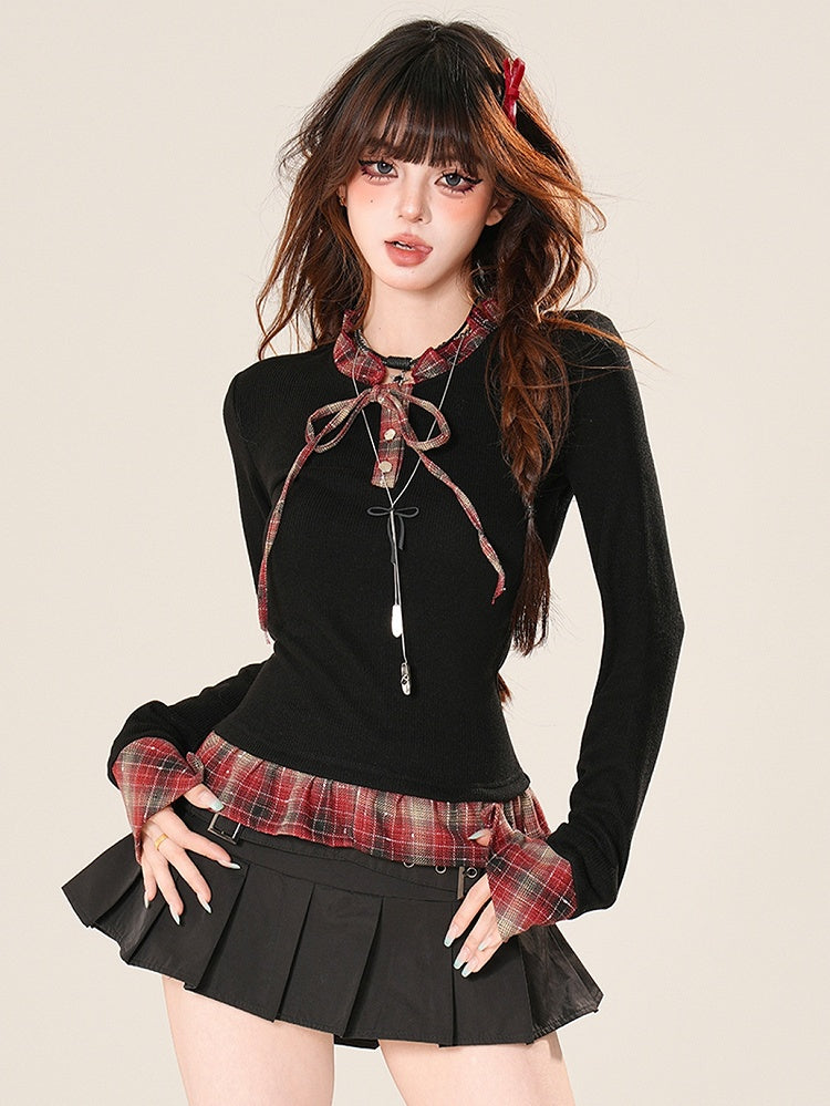 Pattern Top Sleeves Plaid Long Ruffles Black Glamorous Bittersweet Trim