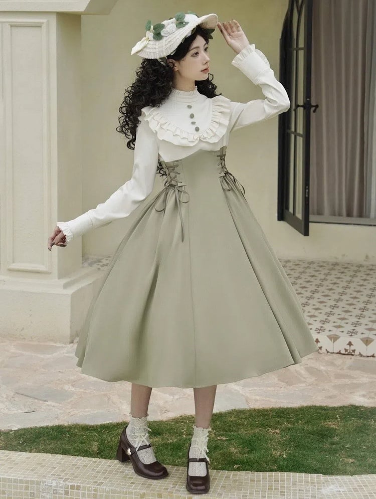 Light Green and Beige Ruffle Neckline Long Sleeves Spring Classic Lolita Dress Fake Two-pieces