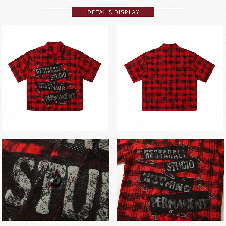 Vintage Red Plaid Short Sleeve Loose-Fit Shirt with Pin and Letter Tag Prints