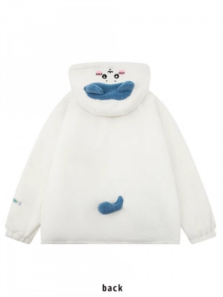 Blauer Cartoon-Druck, weiße Kätzchen-Kapuzenohren mit Fleece-Mantel