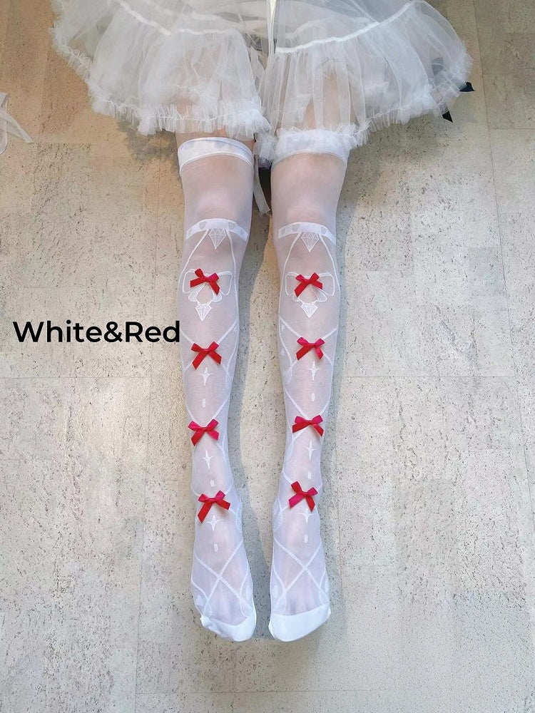 Lolita-Overknee-Strümpfe mit Schleifendetails und kreuz und quer verlaufendem Streifendruck