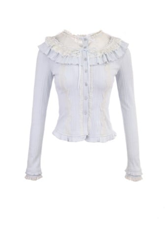 Knit Cardigan Bow Ruffled Lace Blue Vintage